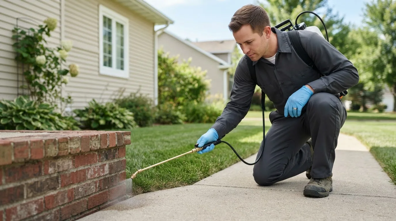 Pest control technician treating a home near Pocahontas, IA
