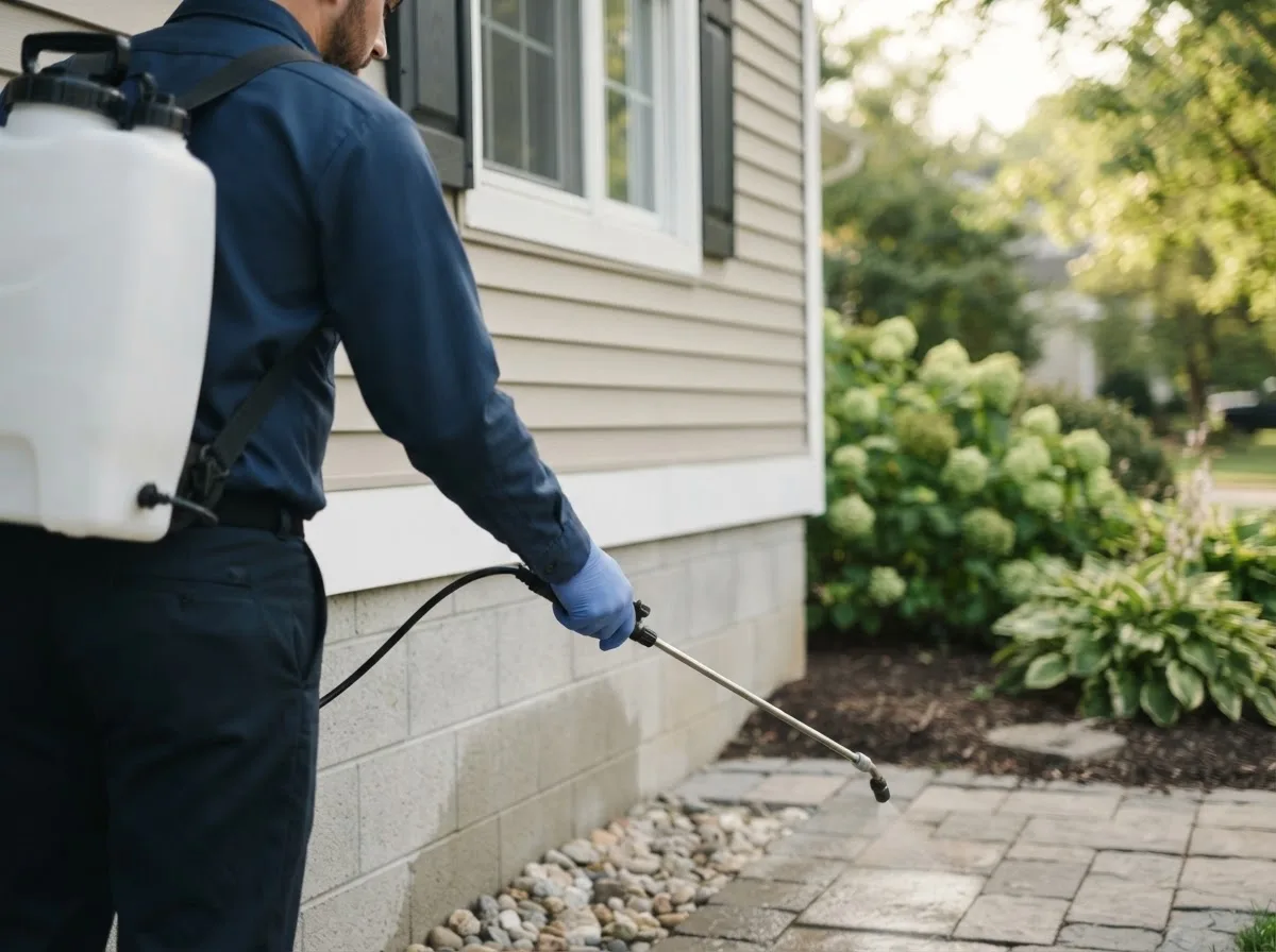 Pest control technician inspecting a home in Pocahontas, IA